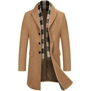 Men's Coffee Trench Overcoat Wool Blend Coat with Detachable Single Breasted